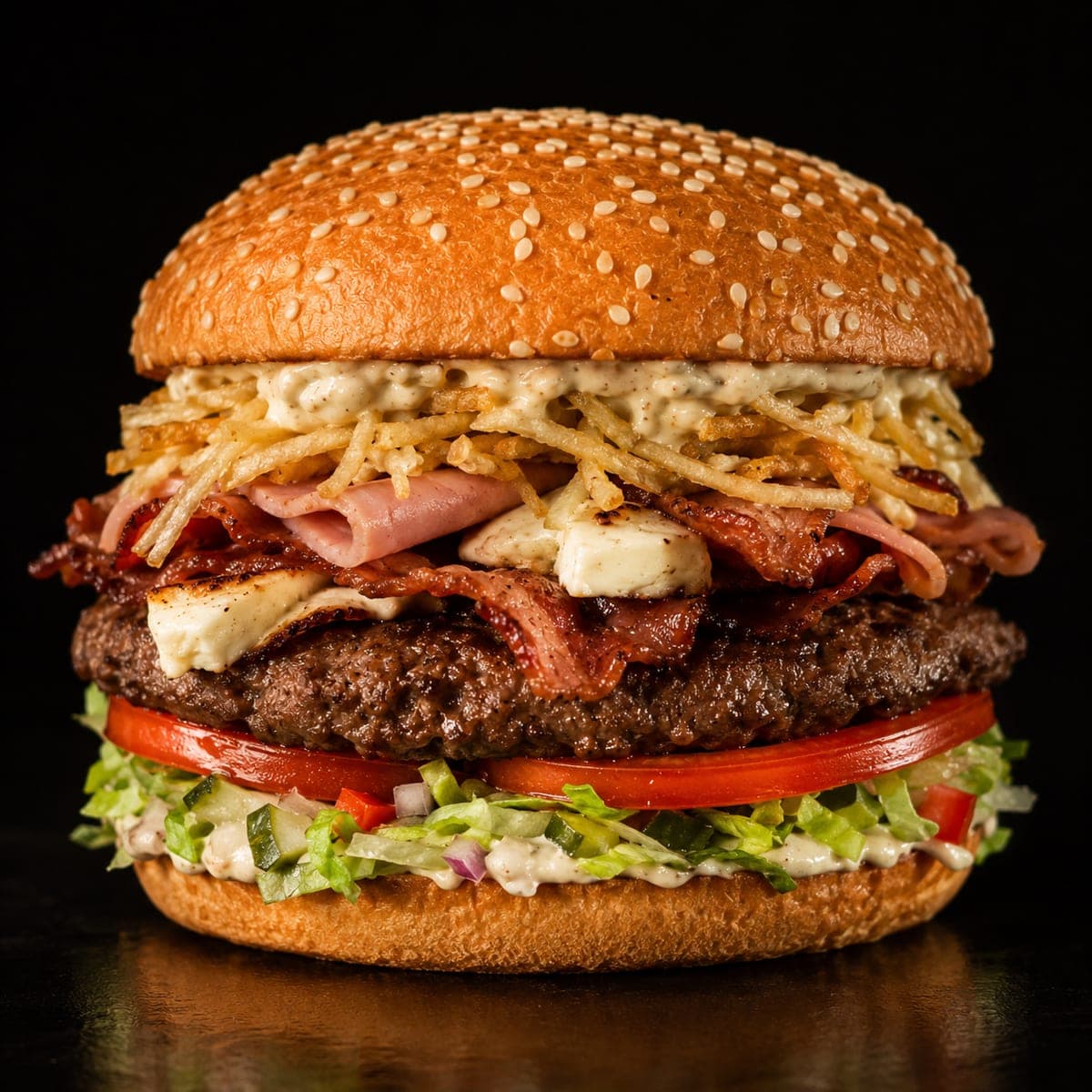 A loaded Galli Burger with a juicy grilled beef patty
